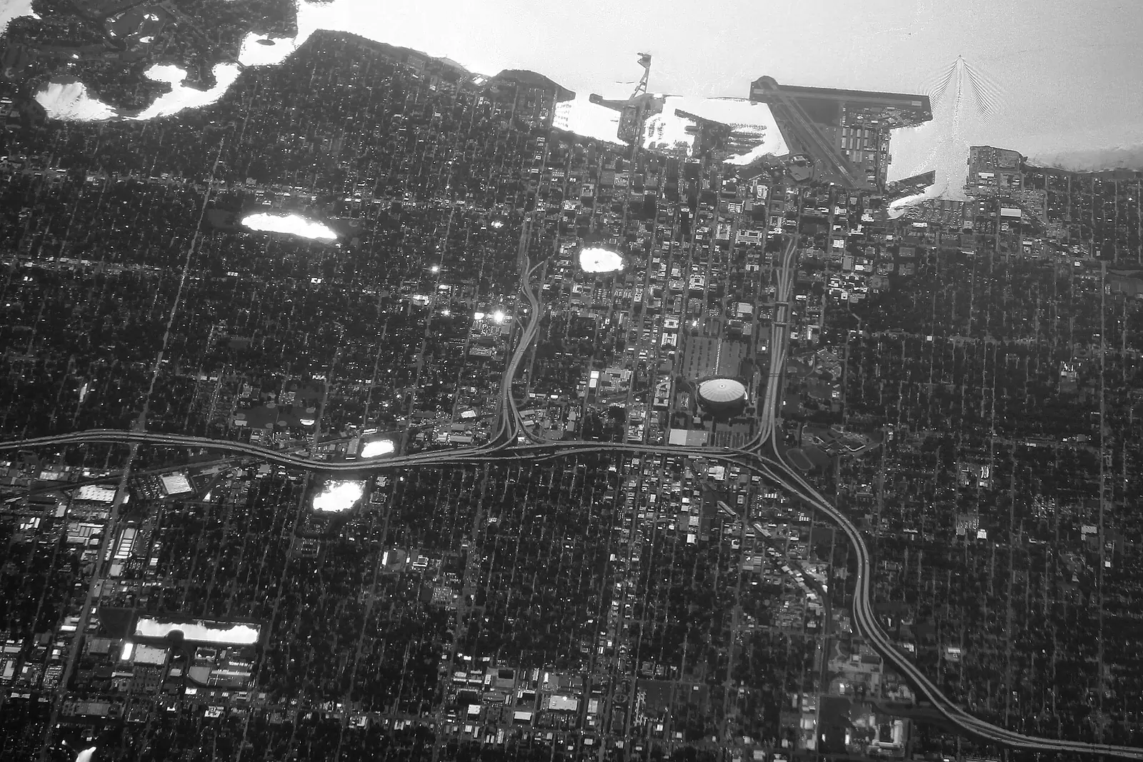 An aerial view of Interstates 175, 275 and 375 meeting at the edge of downtown St. Petersburg.