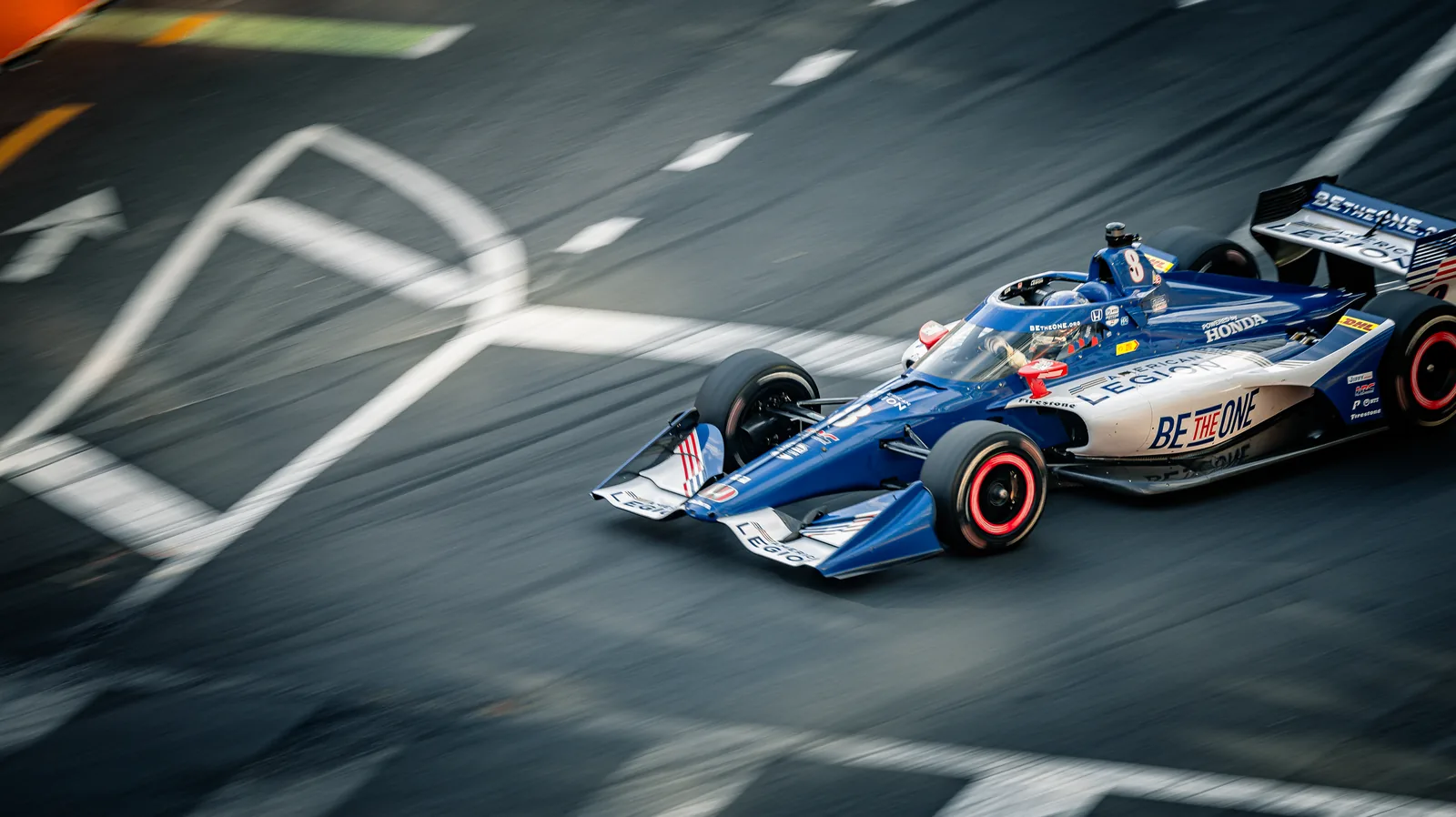 An IndyCar takes a corner on the downtown St. Petersburg street circuit during the Firestone Grand Prix of St. Petersburg.