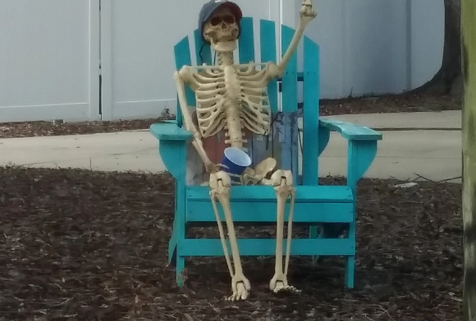 A plastic skeleton in a ball cap waves from a turquoise Adirondack chair in a front yard in St. Petersburg on Halloween.