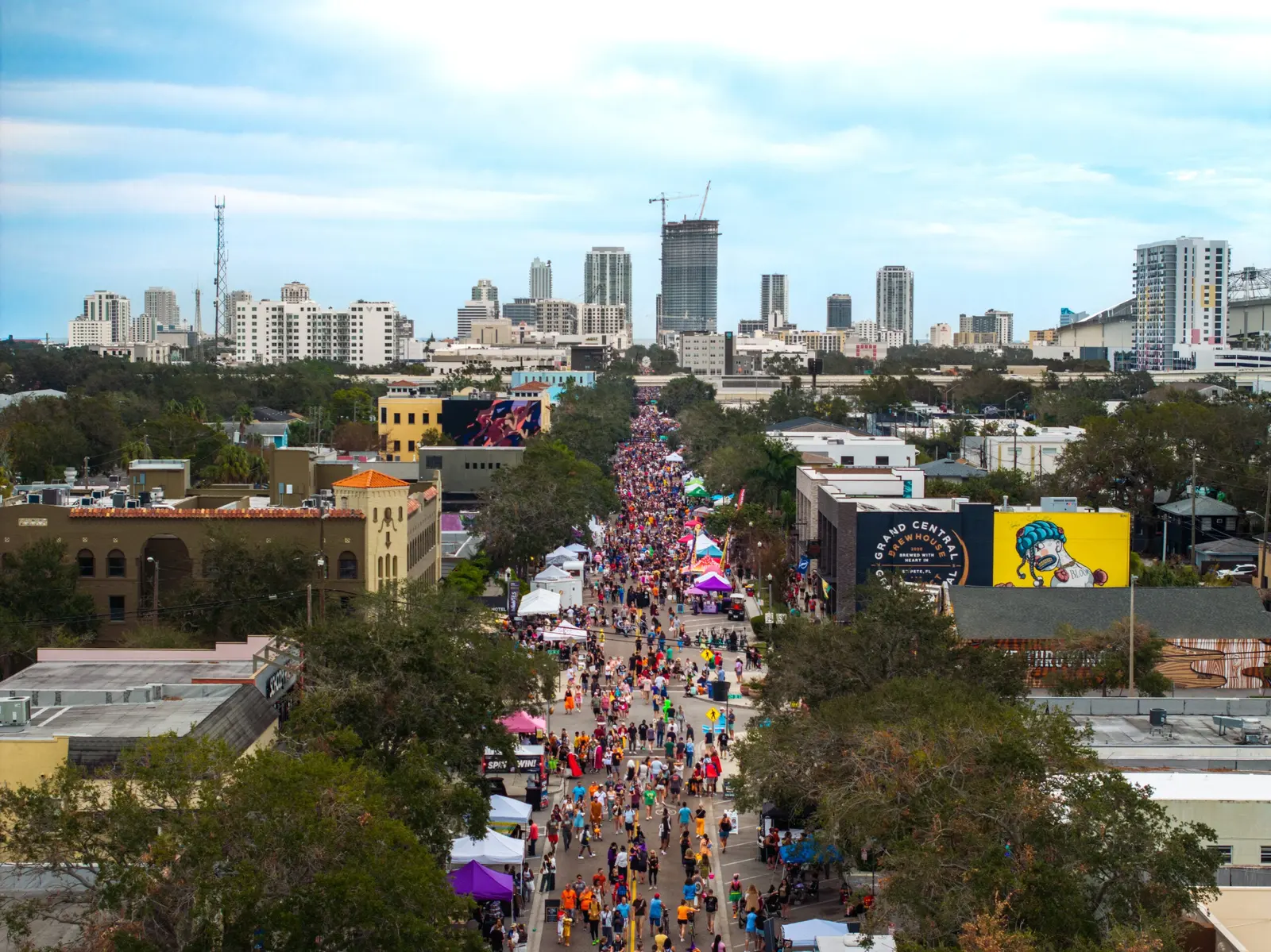 Crowds fill Central Avenue during a previous Halloween on Central, looking east toward downtown St. Petersburg.