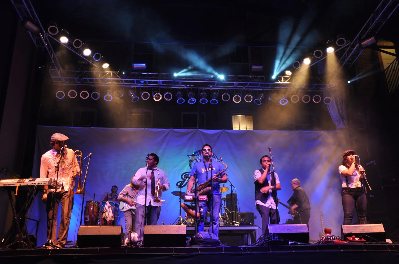 A band plays under stage lights in the open-air courtyard at Jannus Live in downtown St. Petersburg.
