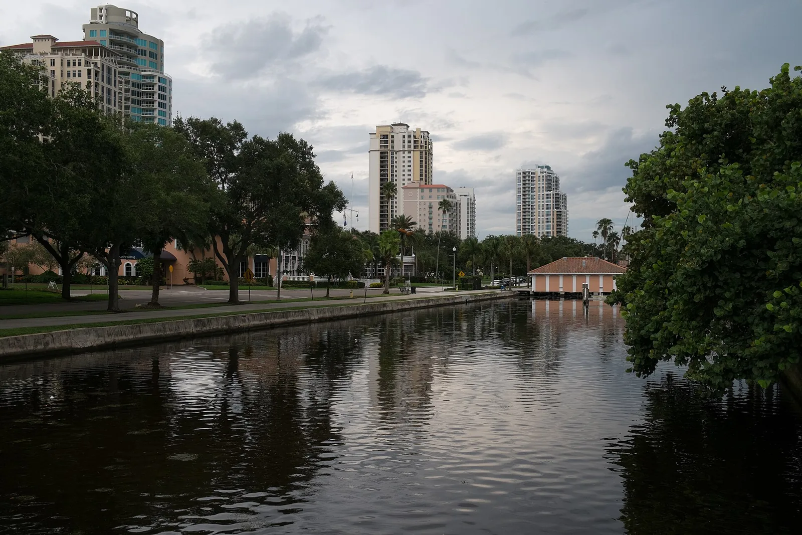Condominium towers rise behind the yacht basin and waterfront park along Bayshore Drive in downtown St. Petersburg.