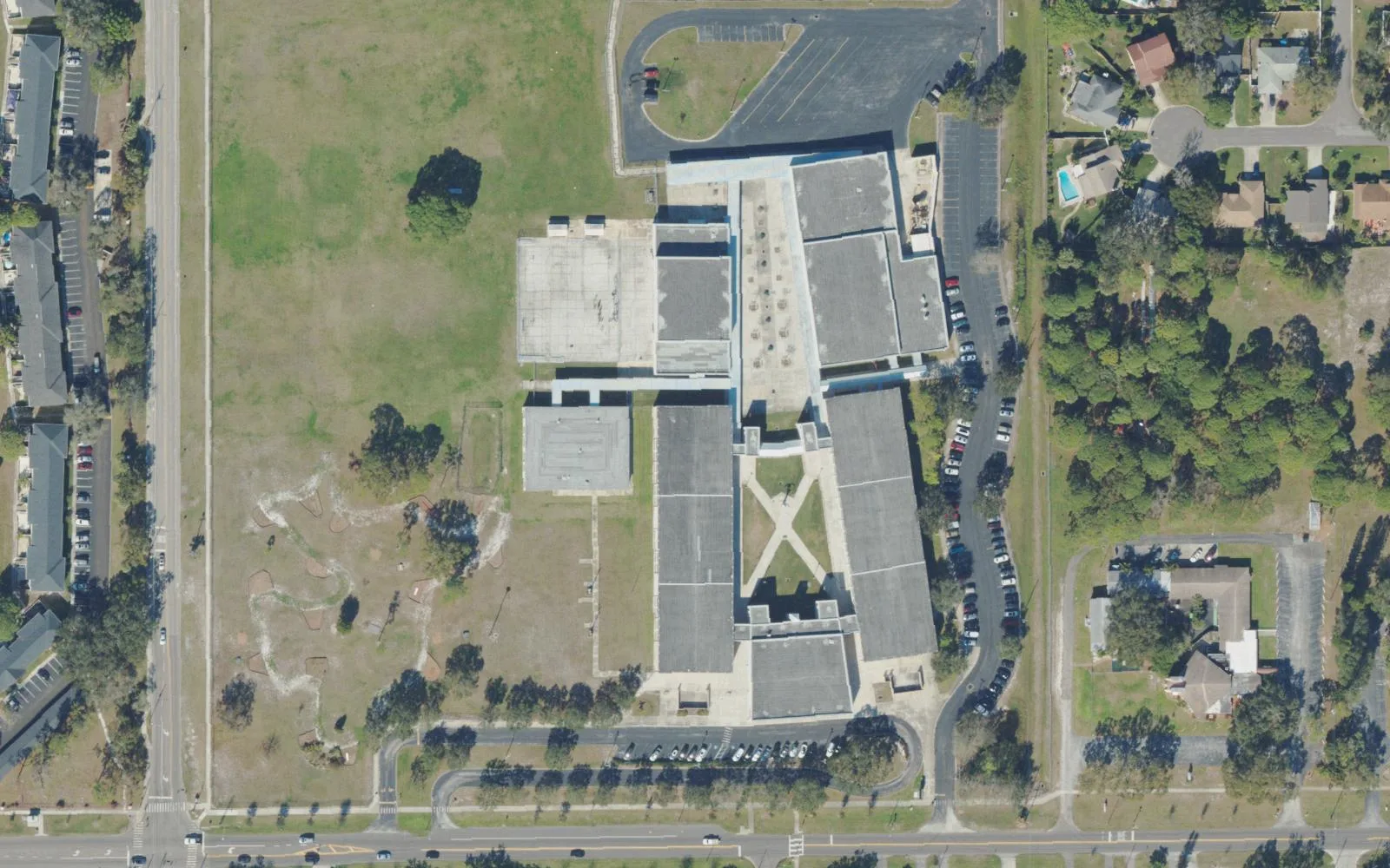 Bay Point Middle School's campus on 62nd Avenue South in St. Petersburg seen from the air, with its open field to the west.