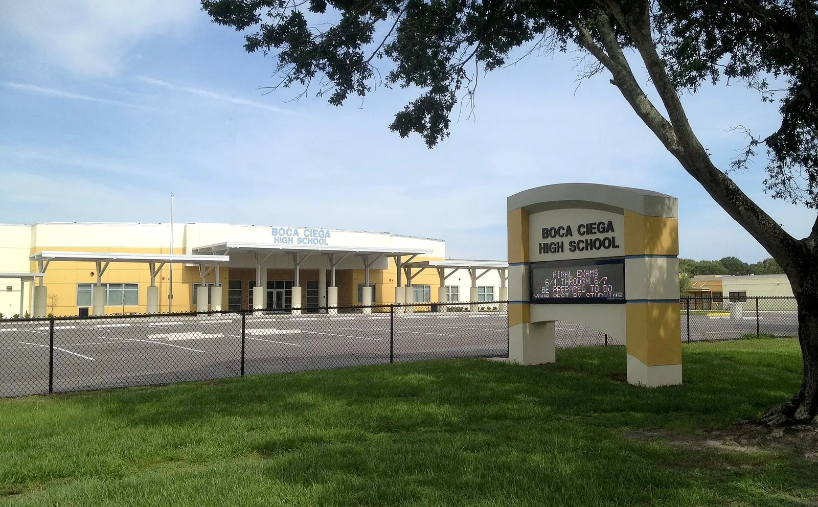 The main building and sign of Boca Ciega High School in Gulfport.