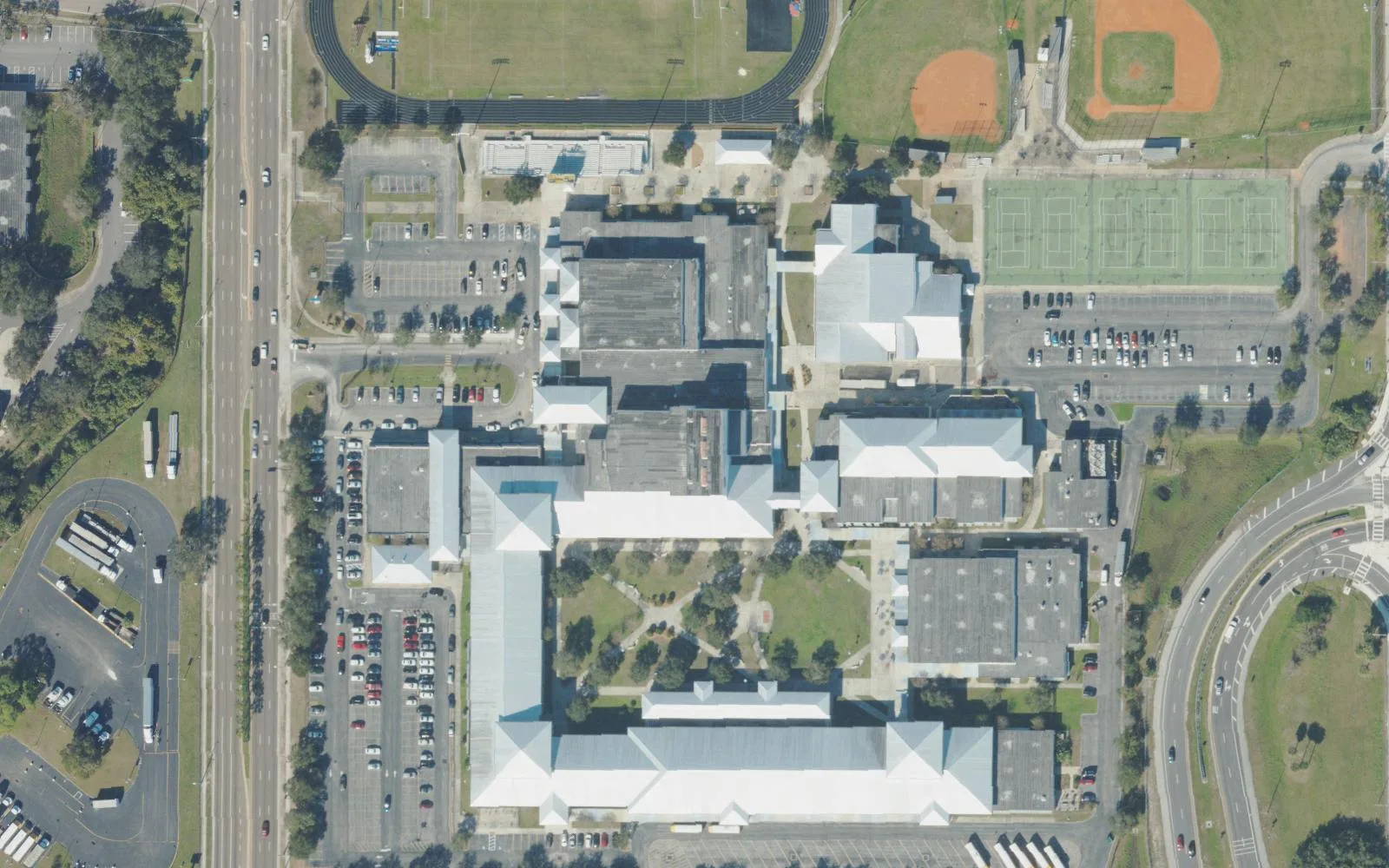 Gibbs High School's campus on 34th Street South in St. Petersburg seen from the air, with the track and ball fields at the top.