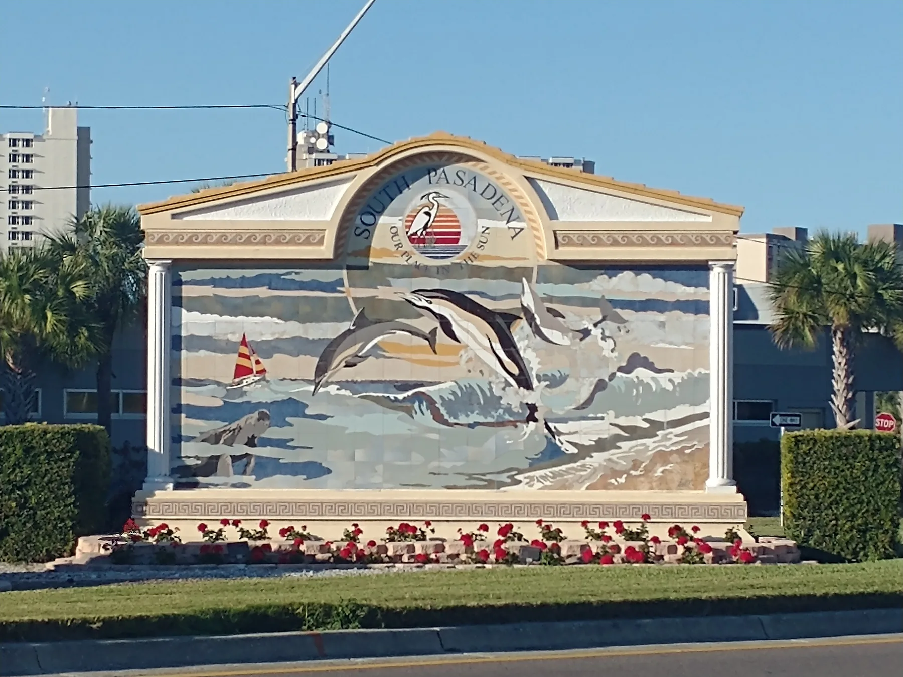 A mosaic city sign for South Pasadena, one of the three cities nearest St. Petersburg.
